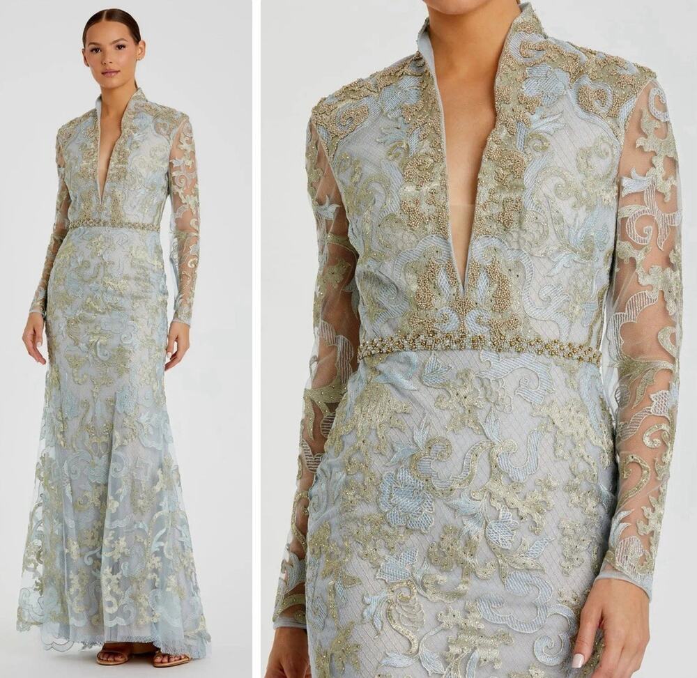 Mac Duggal 11165 Blue Queen Anne Lace Long Sleeve VNeck Trumpet Gown Size 6 NWOT